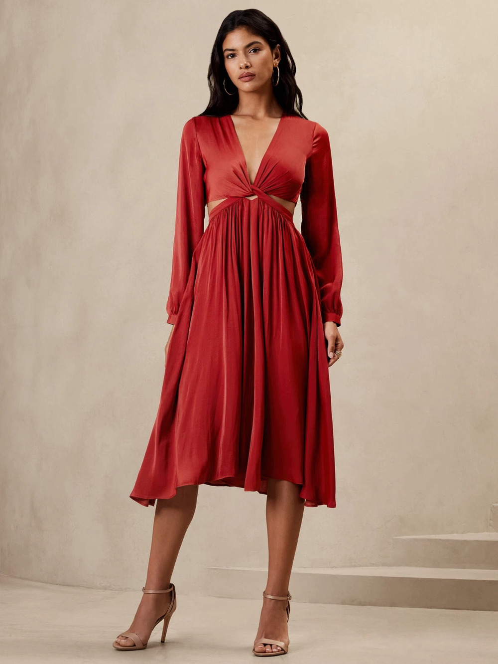 Banana Republic Factory Satin Twist Front A-Line Midi Dress Rust Brown 10 NWT